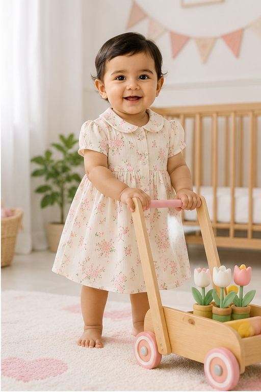 Blossom Girls Dress with Short Sleeves and Cute Collar | Premium Crinkled Double Layered Muslin Fabric