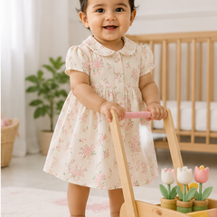 Blossom Girls Dress with Short Sleeves and Cute Collar | Premium Crinkled Double Layered Muslin Fabric