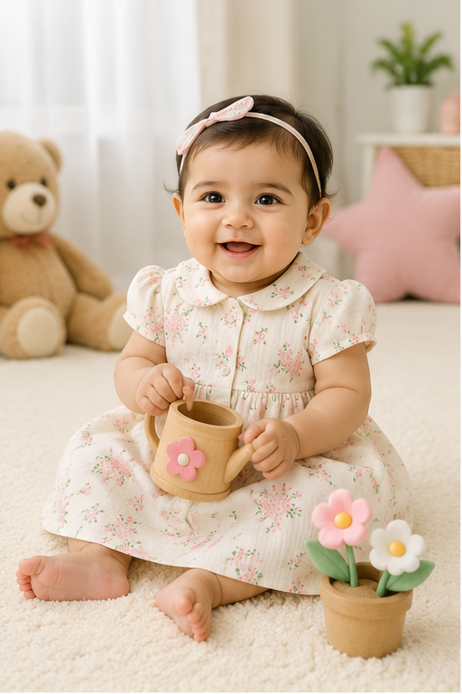 Blossom Girls Dress with Short Sleeves and Cute Collar | Premium Crinkled Double Layered Muslin Fabric