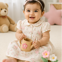 Blossom Girls Dress with Short Sleeves and Cute Collar | Premium Crinkled Double Layered Muslin Fabric