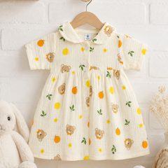Bear Orange Dress with Short Sleeves and Cute Collar | Premium Crinkled Double Layered Muslin Fabric