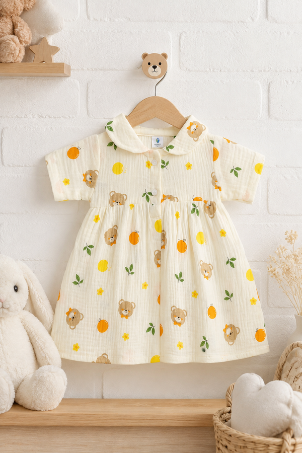 Bear Orange Dress with Short Sleeves and Cute Collar | Premium Crinkled Double Layered Muslin Fabric