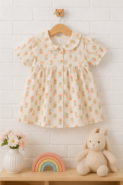 Lotus Stem Girls Dress with Short Sleeves and Cute Collar | Premium Crinkled Double Layered Muslin Fabric