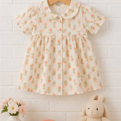 Lotus Stem Girls Dress with Short Sleeves and Cute Collar | Premium Crinkled Double Layered Muslin Fabric