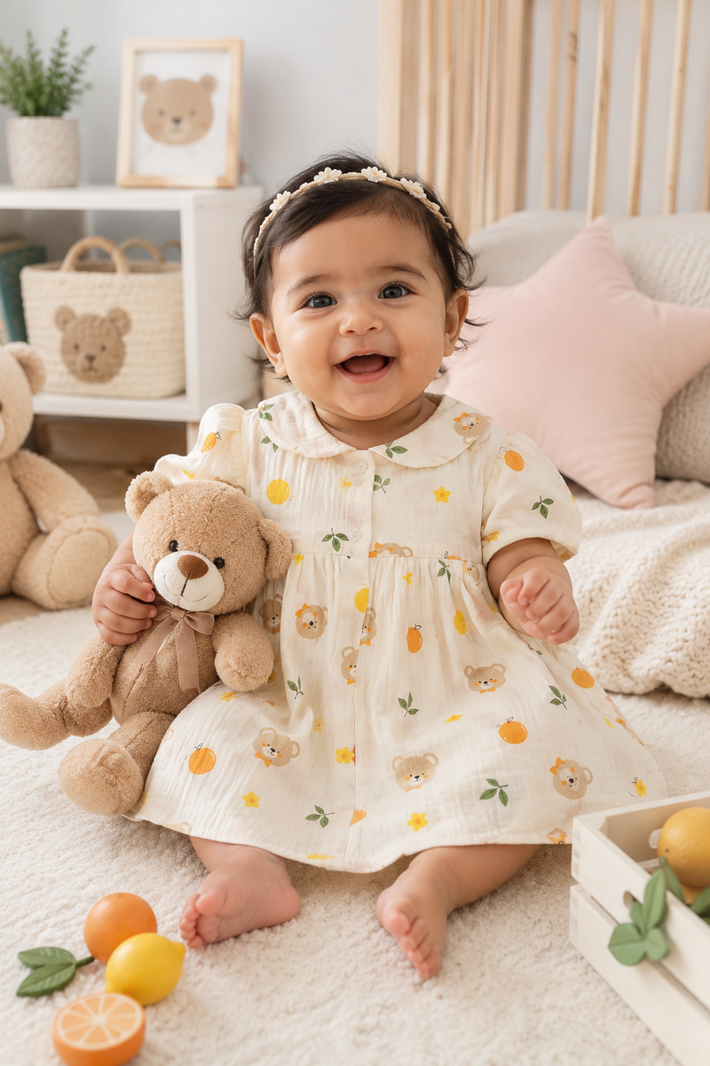 Bear Orange Dress with Short Sleeves and Cute Collar | Premium Crinkled Double Layered Muslin Fabric