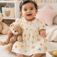 Bear Orange Dress with Short Sleeves and Cute Collar | Premium Crinkled Double Layered Muslin Fabric