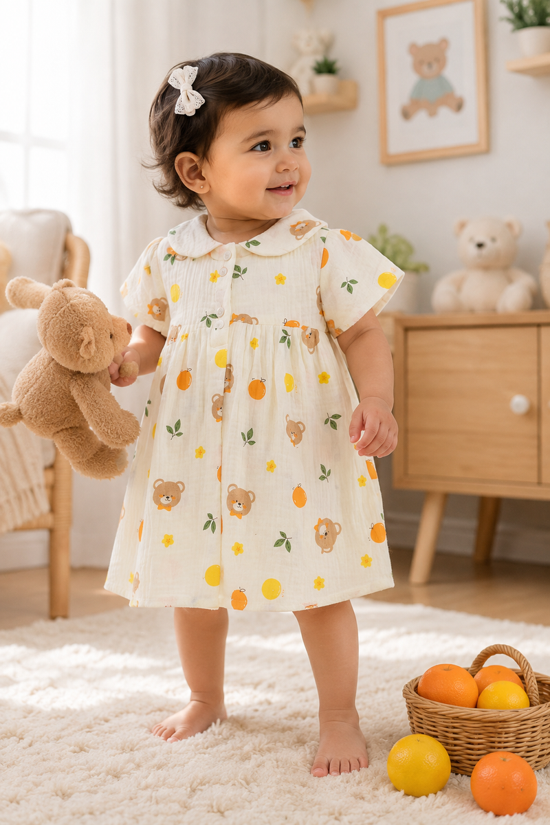 Bear Orange Dress with Short Sleeves and Cute Collar | Premium Crinkled Double Layered Muslin Fabric