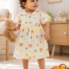 Bear Orange Dress with Short Sleeves and Cute Collar | Premium Crinkled Double Layered Muslin Fabric