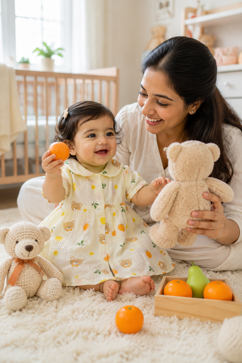 Bear Orange Dress with Short Sleeves and Cute Collar | Premium Crinkled Double Layered Muslin Fabric