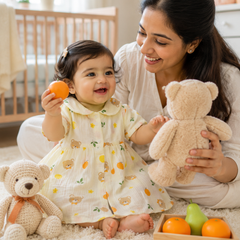Bear Orange Dress with Short Sleeves and Cute Collar | Premium Crinkled Double Layered Muslin Fabric
