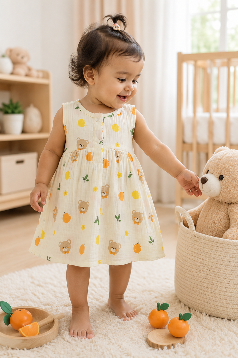Bear Orange Girls Dress | Sleeveless | Premium Crinkled Double Layered Muslin Fabric