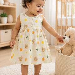 Bear Orange Girls Dress | Sleeveless | Premium Crinkled Double Layered Muslin Fabric