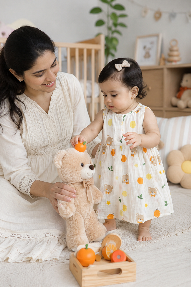 Bear Orange Girls Dress | Sleeveless | Premium Crinkled Double Layered Muslin Fabric