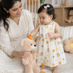 Bear Orange Girls Dress | Sleeveless | Premium Crinkled Double Layered Muslin Fabric