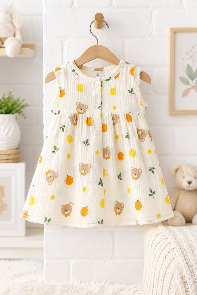 Bear Orange Girls Dress | Sleeveless | Premium Crinkled Double Layered Muslin Fabric