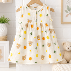 Bear Orange Girls Dress | Sleeveless | Premium Crinkled Double Layered Muslin Fabric