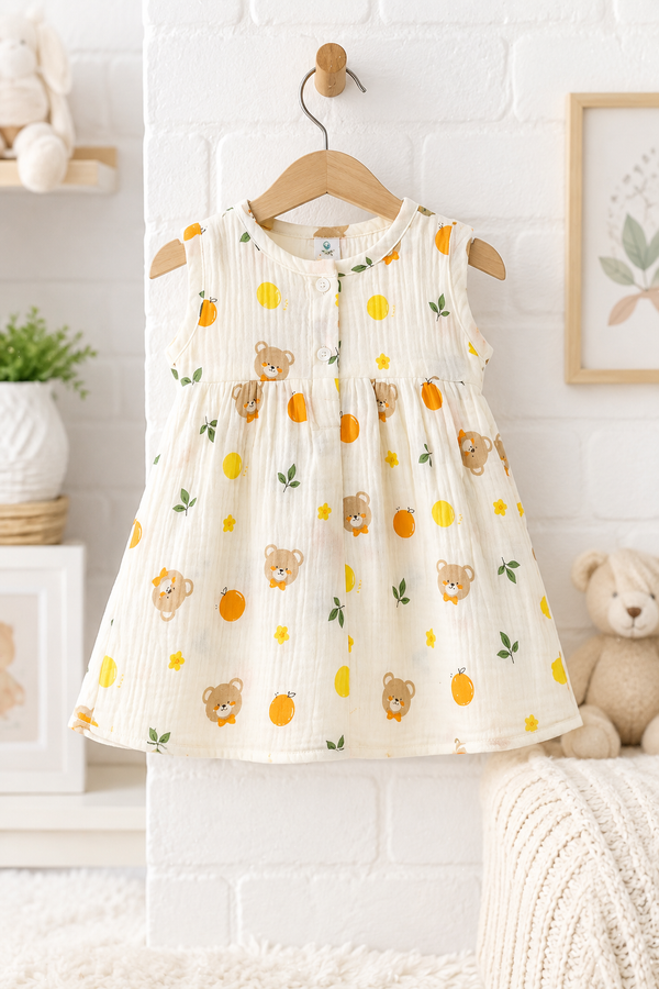 Bear Orange Girls Dress | Sleeveless | Premium Crinkled Double Layered Muslin Fabric