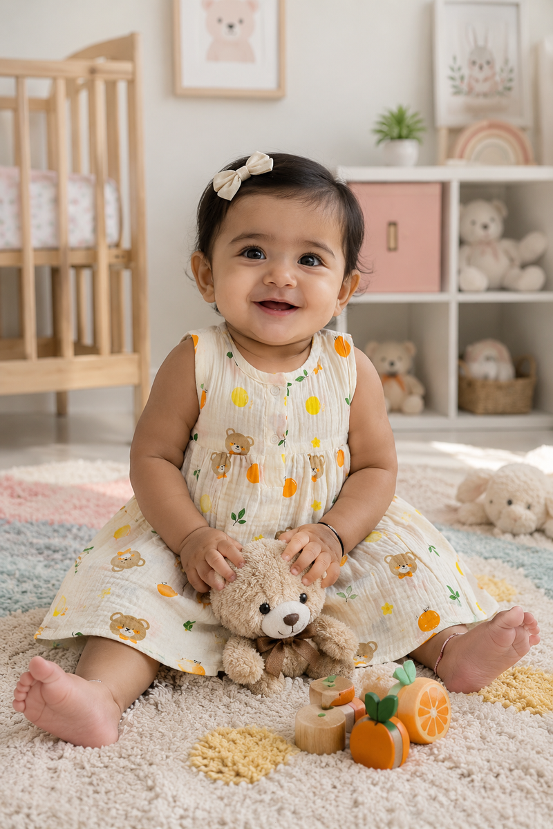 Bear Orange Girls Dress | Sleeveless | Premium Crinkled Double Layered Muslin Fabric