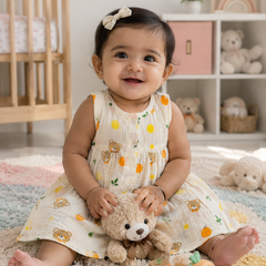 Bear Orange Girls Dress | Sleeveless | Premium Crinkled Double Layered Muslin Fabric