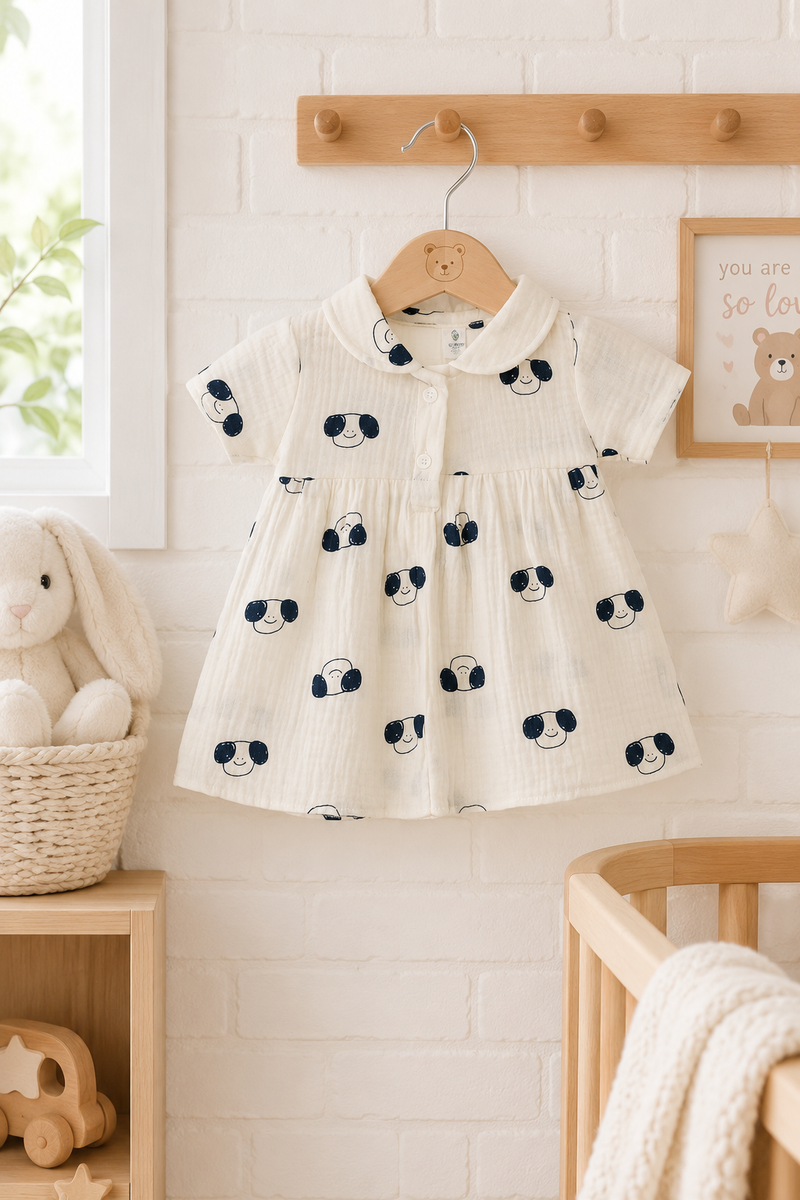 Puppito Dress with Short Sleeves and Cute Collar | Premium Crinkled Double Layered Muslin Fabric