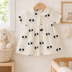 Puppito Dress with Short Sleeves and Cute Collar | Premium Crinkled Double Layered Muslin Fabric