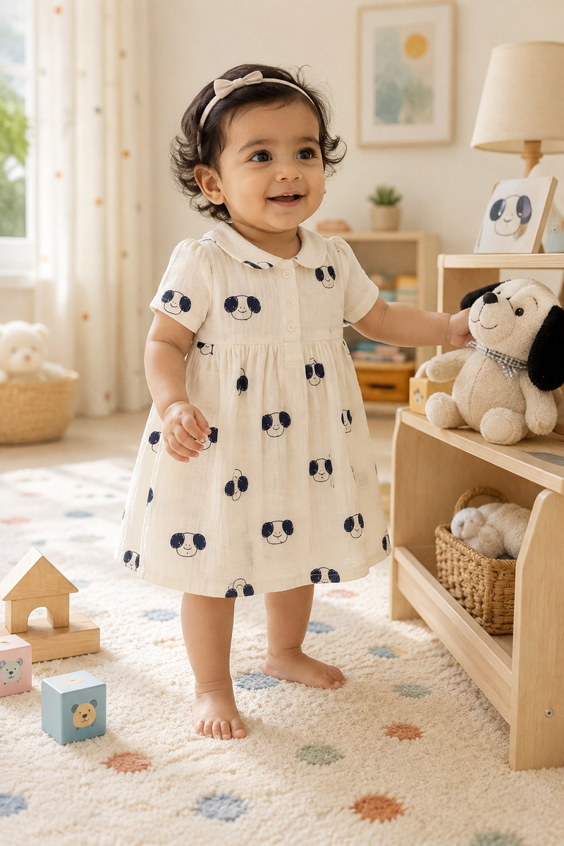 Puppito Dress with Short Sleeves and Cute Collar | Premium Crinkled Double Layered Muslin Fabric