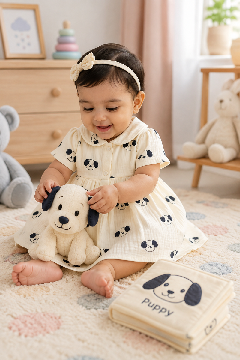 Puppito Dress with Short Sleeves and Cute Collar | Premium Crinkled Double Layered Muslin Fabric