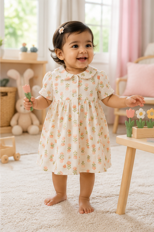 Lotus Stem Girls Dress with Short Sleeves and Cute Collar | Premium Crinkled Double Layered Muslin Fabric