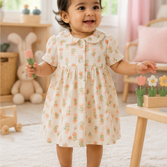 Lotus Stem Girls Dress with Short Sleeves and Cute Collar | Premium Crinkled Double Layered Muslin Fabric