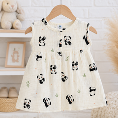 Panda Girls Dress | Sleeveless | Premium Crinkled Double Layered Muslin Fabric