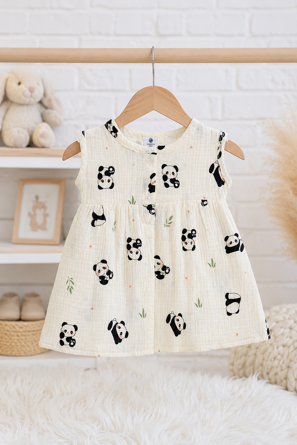 Panda Girls Dress | Sleeveless | Premium Crinkled Double Layered Muslin Fabric