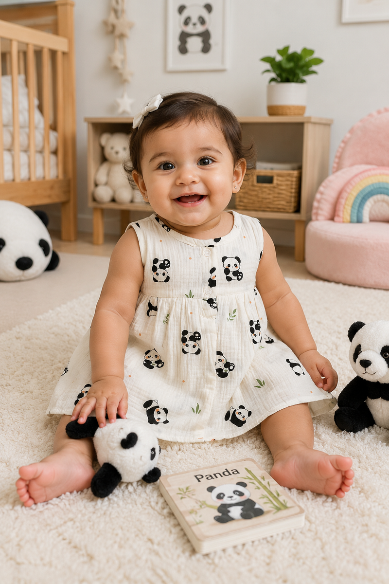 Panda Girls Dress | Sleeveless | Premium Crinkled Double Layered Muslin Fabric