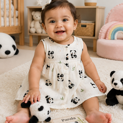 Panda Girls Dress | Sleeveless | Premium Crinkled Double Layered Muslin Fabric