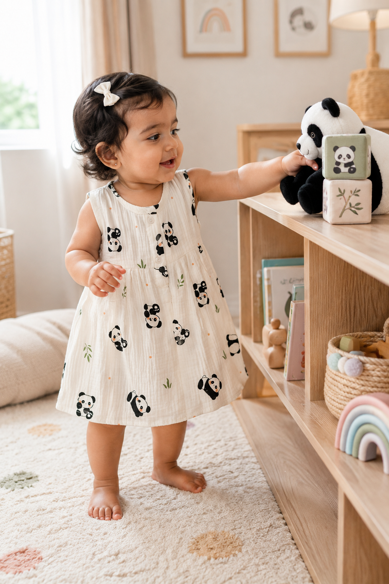 Panda Girls Dress | Sleeveless | Premium Crinkled Double Layered Muslin Fabric