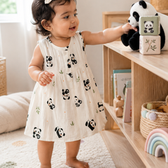 Panda Girls Dress | Sleeveless | Premium Crinkled Double Layered Muslin Fabric