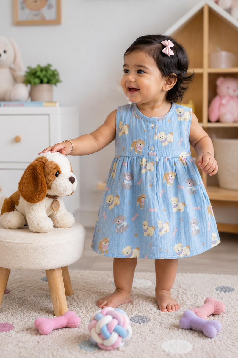 Hungry Me Blue Girls Dress | Sleeveless | Premium Crinkled Double Layered Muslin Fabric