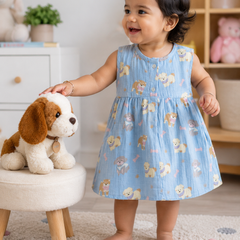 Hungry Me Blue Girls Dress | Sleeveless | Premium Crinkled Double Layered Muslin Fabric
