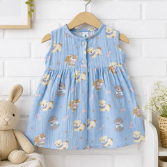 Hungry Me Blue Girls Dress | Sleeveless | Premium Crinkled Double Layered Muslin Fabric