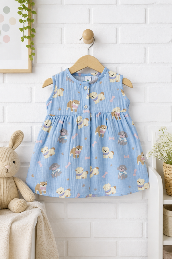 Hungry Me Blue Girls Dress | Sleeveless | Premium Crinkled Double Layered Muslin Fabric