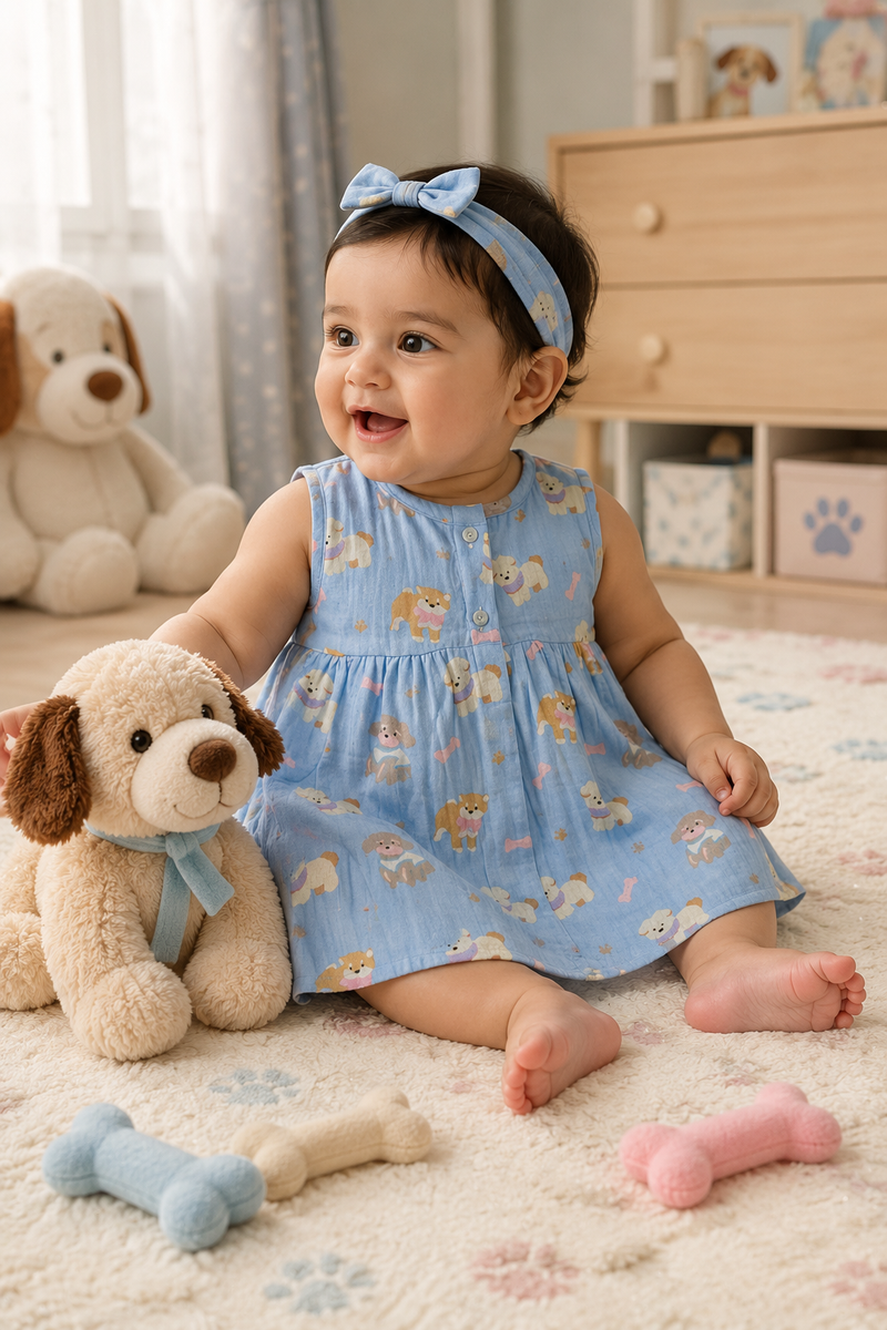 Hungry Me Blue Girls Dress | Sleeveless | Premium Crinkled Double Layered Muslin Fabric