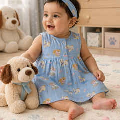 Hungry Me Blue Girls Dress | Sleeveless | Premium Crinkled Double Layered Muslin Fabric