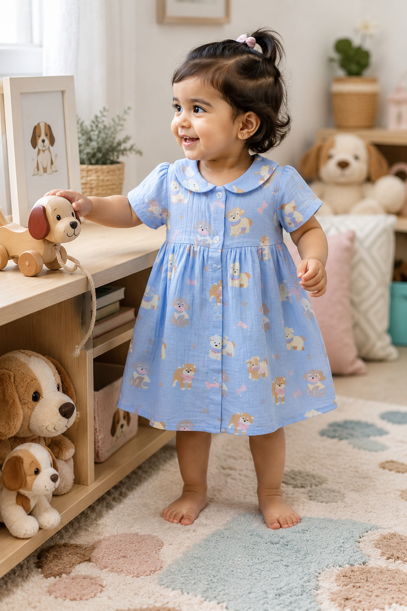 Hungry Me Blue Dress with Short Sleeves and Cute Collar | Premium Crinkled Double Layered Muslin Fabric