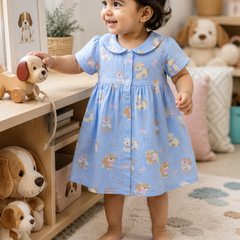 Hungry Me Blue Dress with Short Sleeves and Cute Collar | Premium Crinkled Double Layered Muslin Fabric