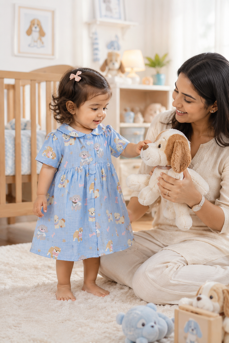 Hungry Me Blue Dress with Short Sleeves and Cute Collar | Premium Crinkled Double Layered Muslin Fabric