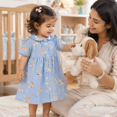 Hungry Me Blue Dress with Short Sleeves and Cute Collar | Premium Crinkled Double Layered Muslin Fabric