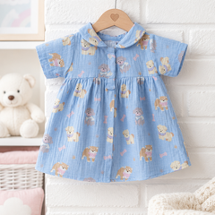 Hungry Me Blue Dress with Short Sleeves and Cute Collar | Premium Crinkled Double Layered Muslin Fabric