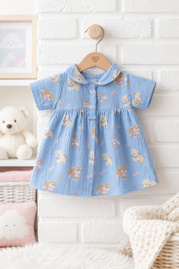 Hungry Me Blue Dress with Short Sleeves and Cute Collar | Premium Crinkled Double Layered Muslin Fabric