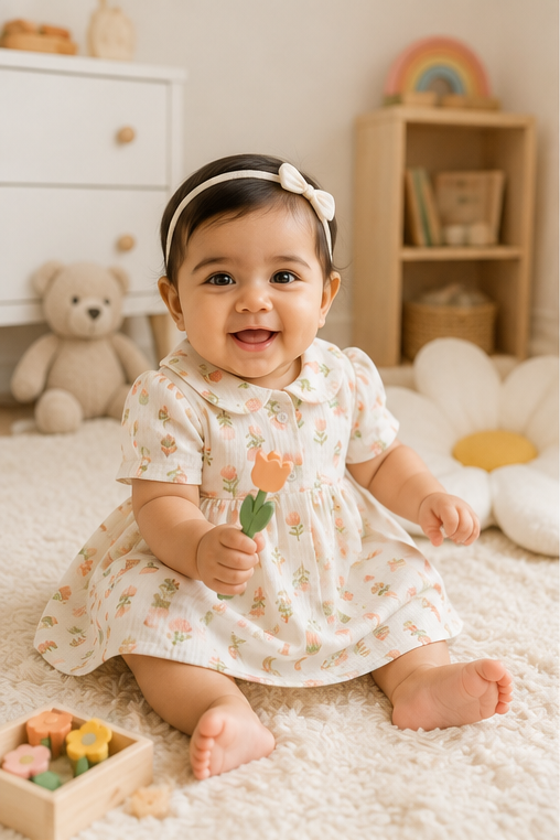 Lotus Stem Girls Dress with Short Sleeves and Cute Collar | Premium Crinkled Double Layered Muslin Fabric