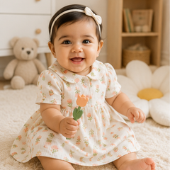 Lotus Stem Girls Dress with Short Sleeves and Cute Collar | Premium Crinkled Double Layered Muslin Fabric