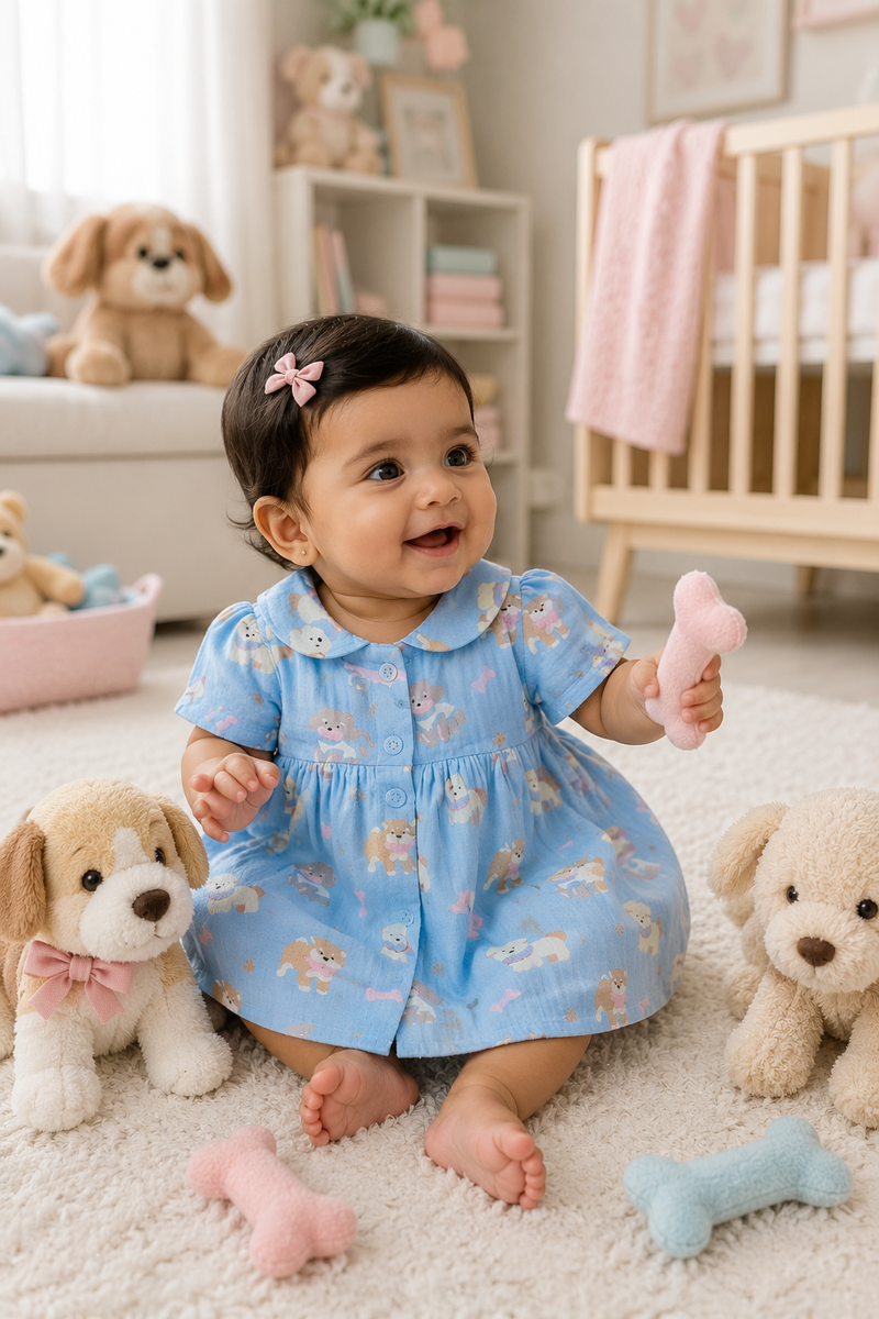 Hungry Me Blue Dress with Short Sleeves and Cute Collar | Premium Crinkled Double Layered Muslin Fabric
